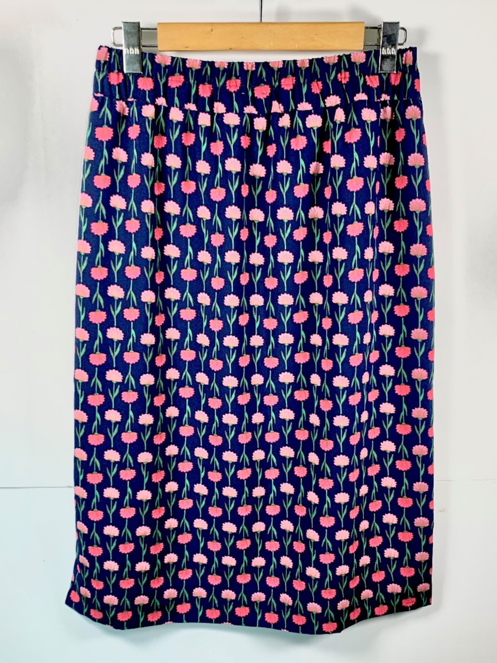 J. Crew Pink Navy Blue Floral Pull On Elastic Waist Midi Skirt Whimsical Preppy
